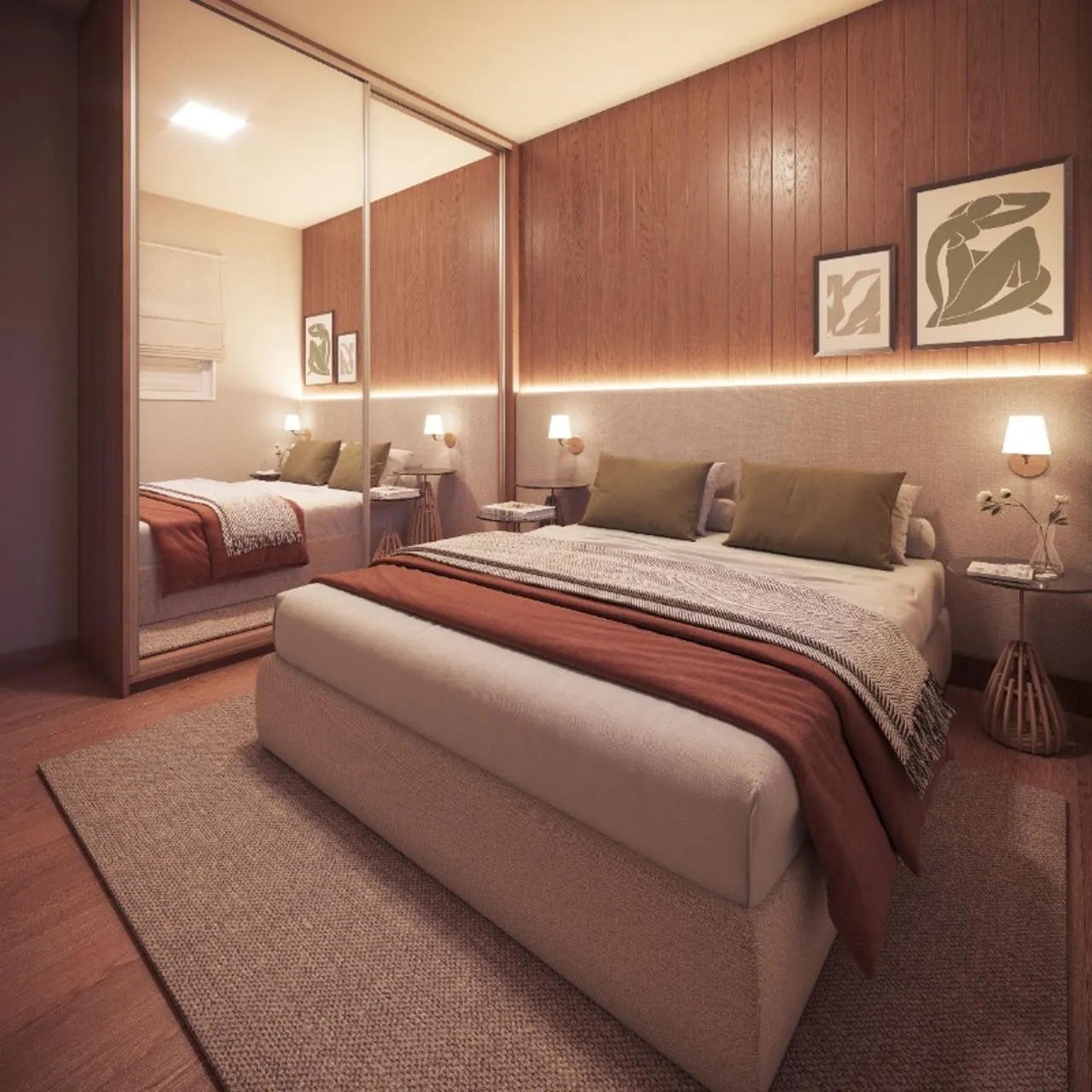 Quarto principal com cabeceira estofada e iluminação em LED